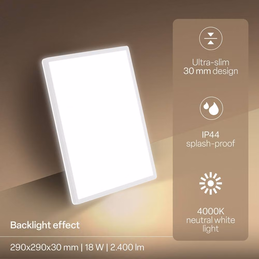 B.K.Licht White LED Slim Panel Ceiling Light, 18W, 2400lm, 4000K Neutral White, IP44 Splash-Proof, W/D/H: 29 x 29 x 3 cm – 2