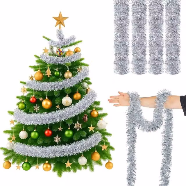 EONLION Silver Christmas Tinsel Garland, W: 100 cm, H: 15 cm