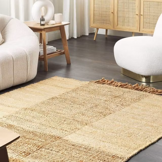 Wyld and Coco Beige Handwoven Jute and Cotton Geometric Rug with Fringes W: 140 cm, L: 200 cm – 1