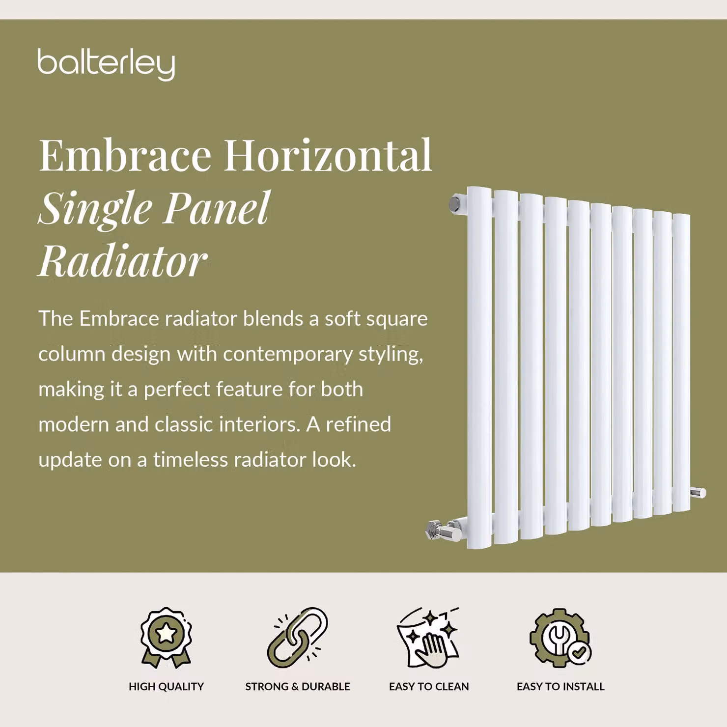 Balterley Embrace Horizontal Single Panel Steel Radiator in Gloss White, H: 60.0 cm x W: 58.6 cm – 2