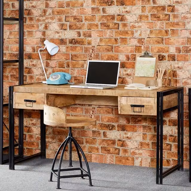 Worcester Metro Industrial 2 Drawer Writing Desk in Brown Mango Wood and Metal