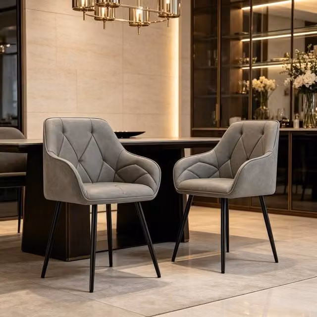 Merax Set of 2 Modern Upholstered Faux Leather Dining Chairs with Armrests in Grey