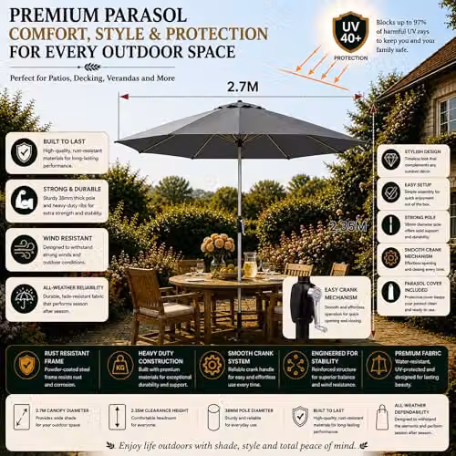GlamHaus Tilting Garden Parasol Umbrella in Grey with UPF 40 Protection and Cover – 2