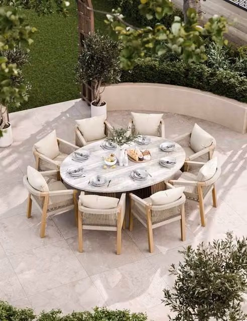 Royalcraft Jupiter Ellipse 8 Seater Oval Garden Dining Set in Cream Mix Acacia Wood and Concrete