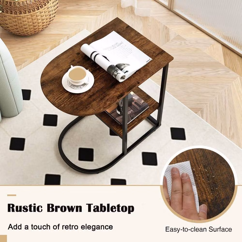 Kelvenix Modern 2-Tier Brown Sofa Side Table with Metal Sled Base – 2