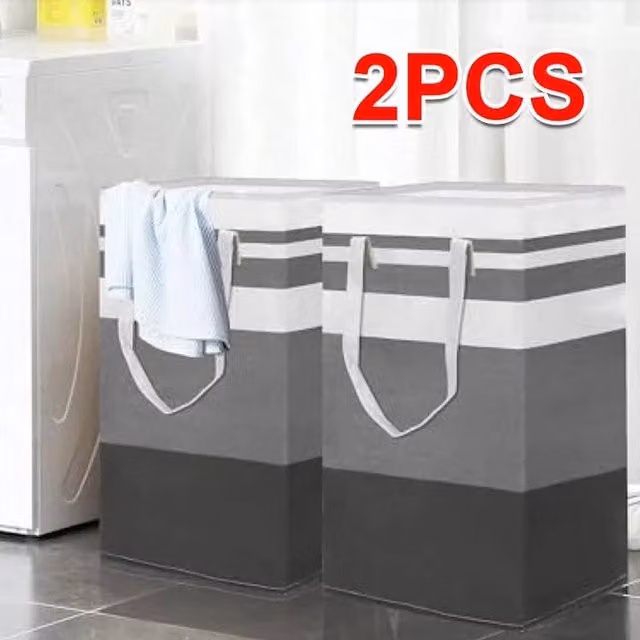 EONLION 2 x 75L Grey Fabric and Metal Laundry Baskets with Handles – 1