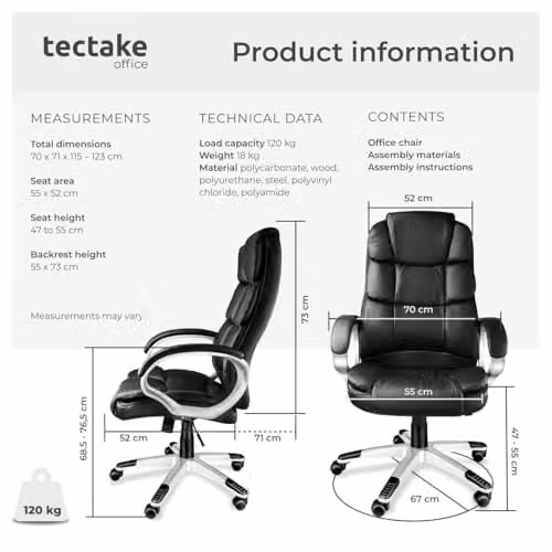 tectake Jonas Executive Office Chair in Black with Synthetic Leather and Headrest – 3