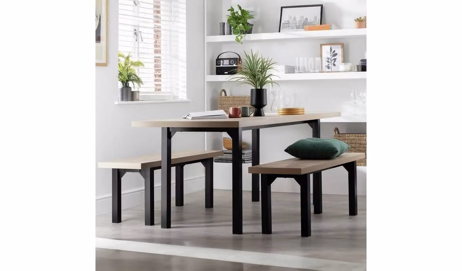 Zayn Birch Dining Table and 2 Birch Benches Modern Industrial Kitchen Furniture Set in Black and Multicolour