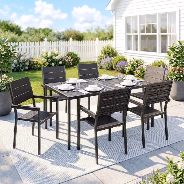 Outsunny Outdoor Dining Set for 6 with Slatted Metal Tabletop in Matt Black