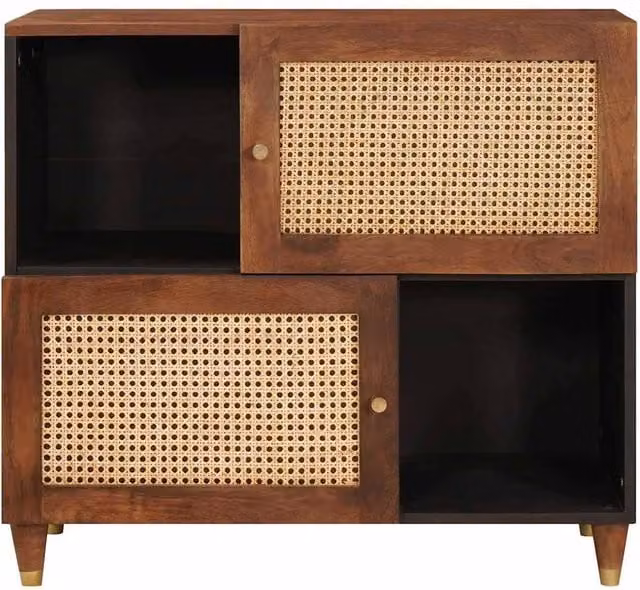 Berkfield Mid-Century Brown Mango Wood and Rattan Media Storage Cabinet W/D/H: 80 x 33.5 x 75 cm