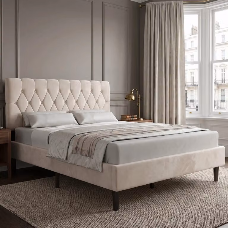DHS Chesterfield Velvet Bed Frame with Adjustable Headboard in Beige