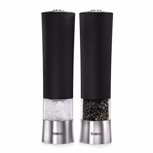 Tower T80400 Electric Salt and Pepper Mill in Black Stainless Steel