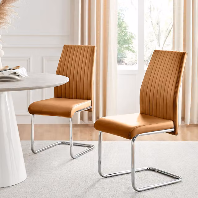 FurnitureboxUK Set of 2 Lorenzo Modern Faux Leather Dining Chairs with Chrome Legs in Brown