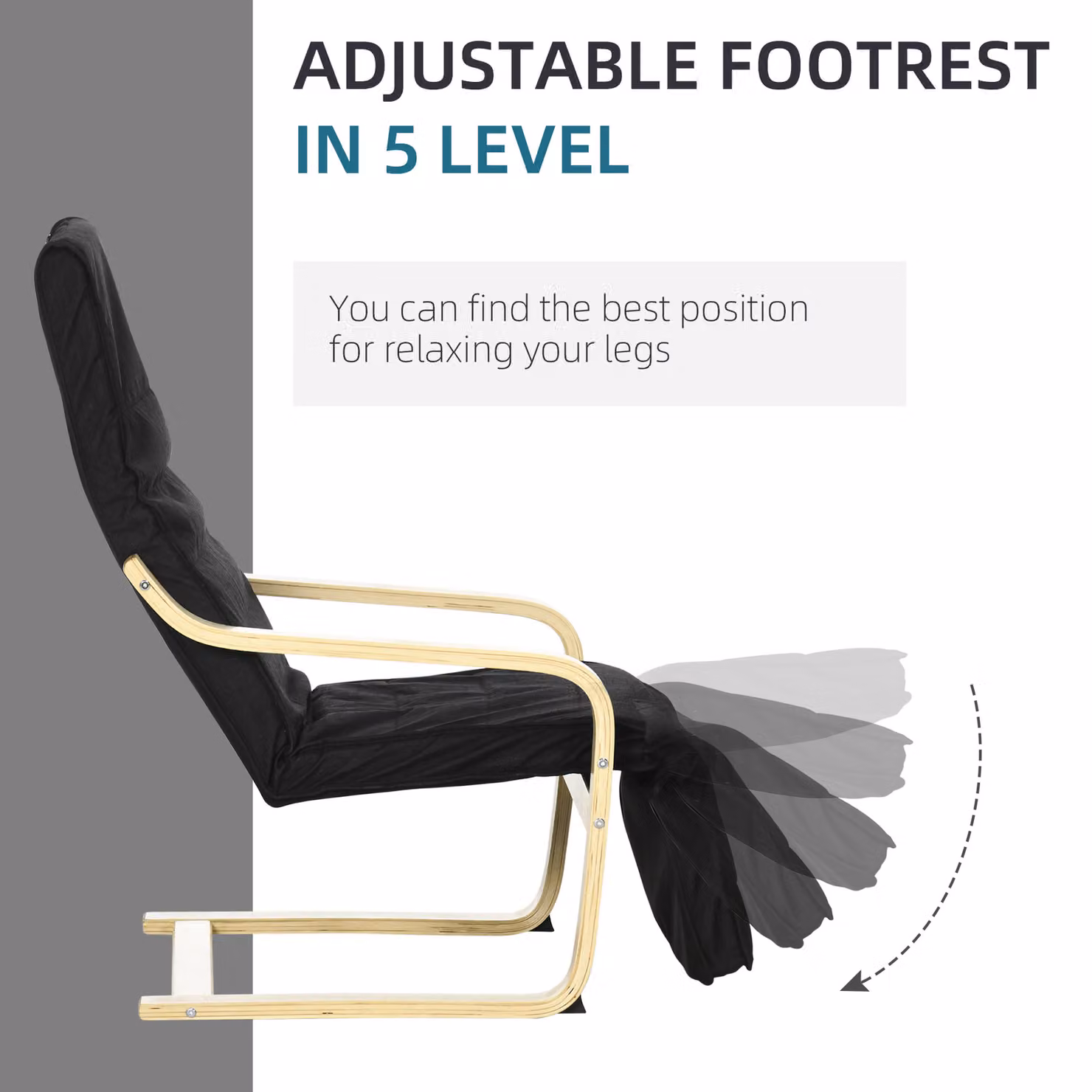 HOMCOM Modern Wooden Recliner Lounge Chair with Armrests and Adjustable Footrest in Black – 5