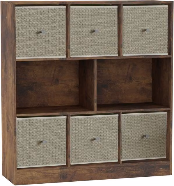 URBNLIVING 8 Cube Bookcase in Rustic Brown with 6 Beige Fabric Storage Drawer Inserts