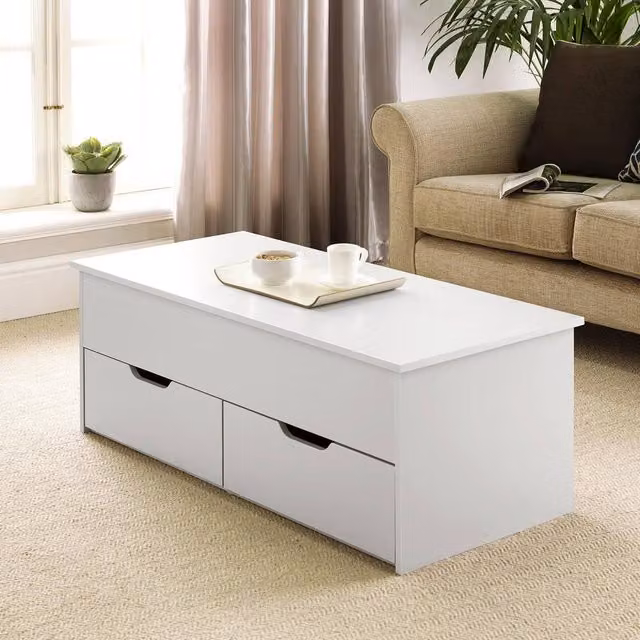Havendro Modern Rectangular Wooden Coffee Table with Lift Mechanism in White