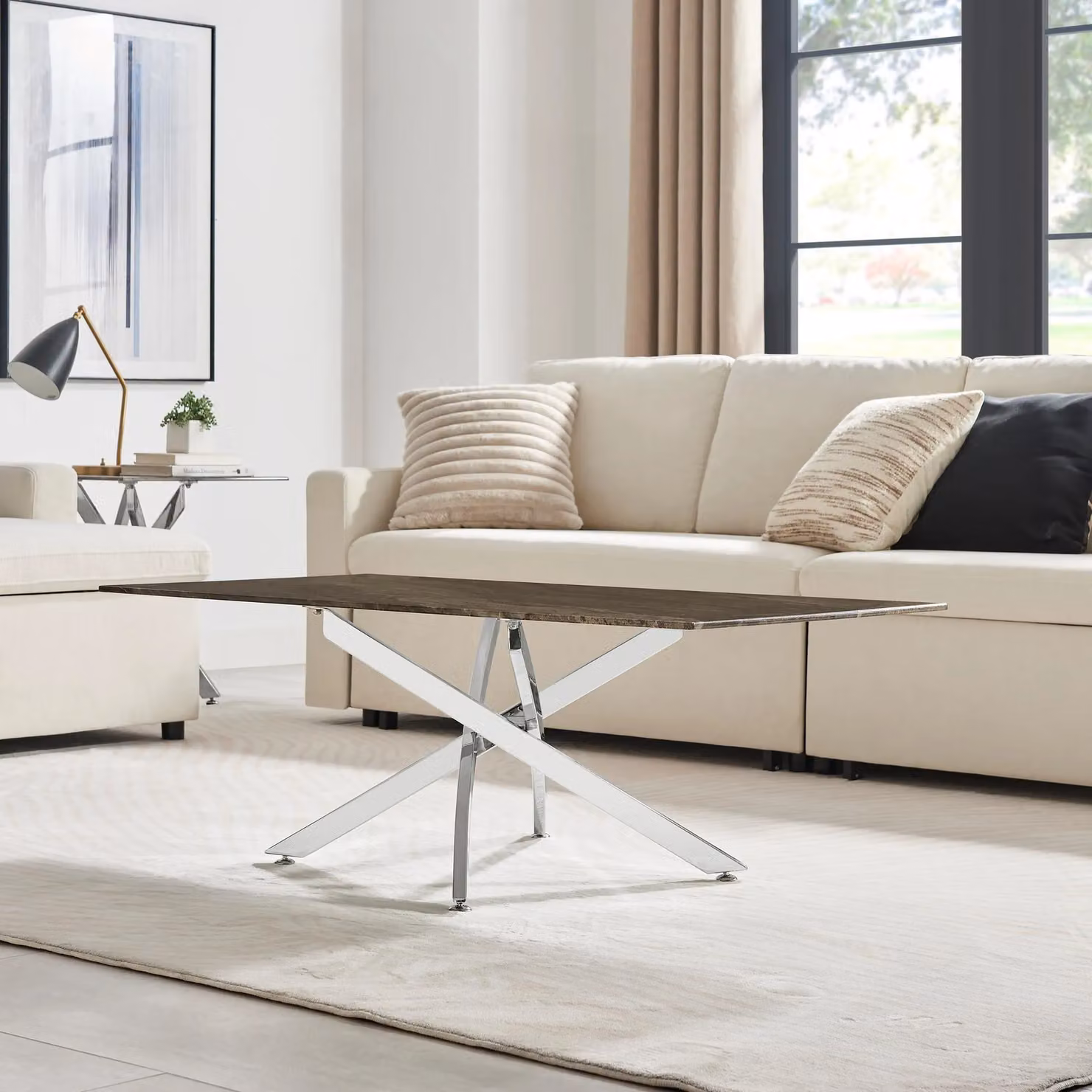 FurnitureboxUK Leonardo Rectangular Marble Effect Glass Top Coffee Table with Silver Metal Starburst Legs in Grey – 2