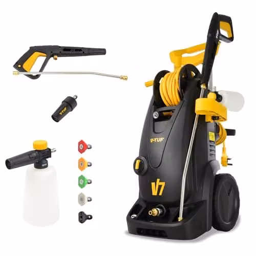 V-TUF Professional Pressure Washer V 7 in Black with 195 Bar Max Pressure, 7.2 L/min Flow Rate, 10m Hose Reel, Metal Lance and Snow Foam Bottle – 1