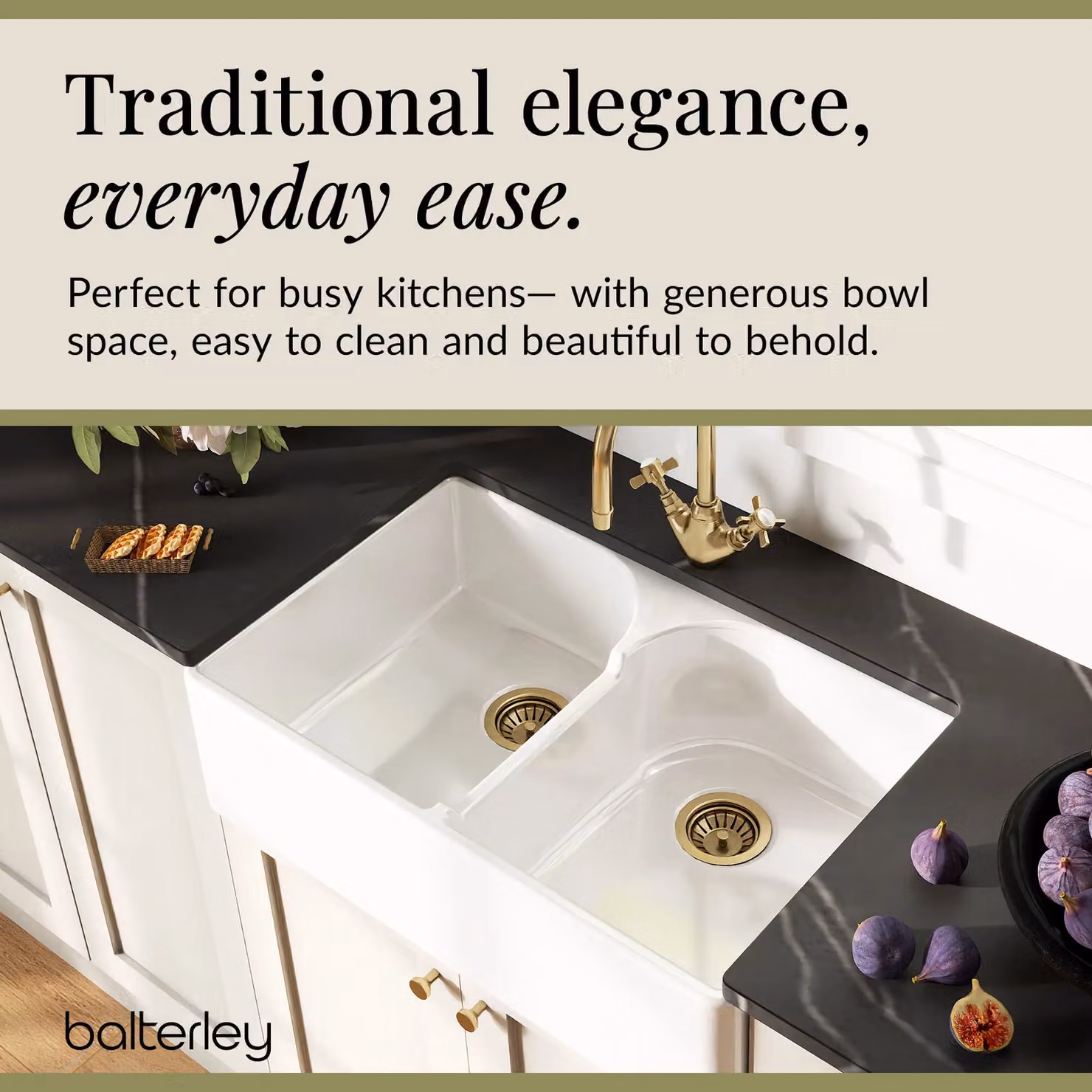 Balterley Ceramic Double Bowl Butler Sink with Mono Crosshead Mixer Tap and Wastes, White and Gold, W: 79.5 cm – 3