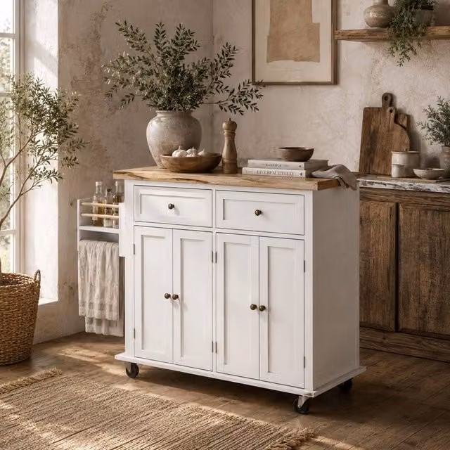 Wyld Haus Viratto White Lacquered Wooden Rolling Kitchen Island with Rubberwood Top, W/D/H: 111.0 x 44.5 x 82.5 cm