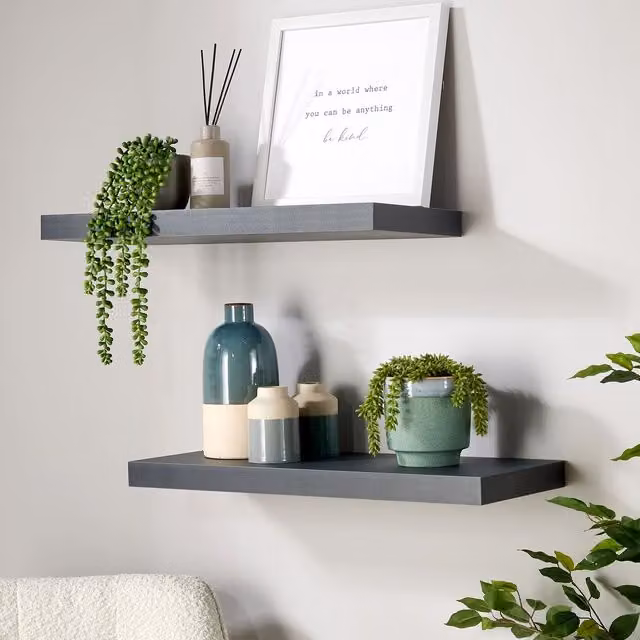 Home Source Cloud Pair of Floating Wall Mounted Storage Shelves in Grey, 60cm