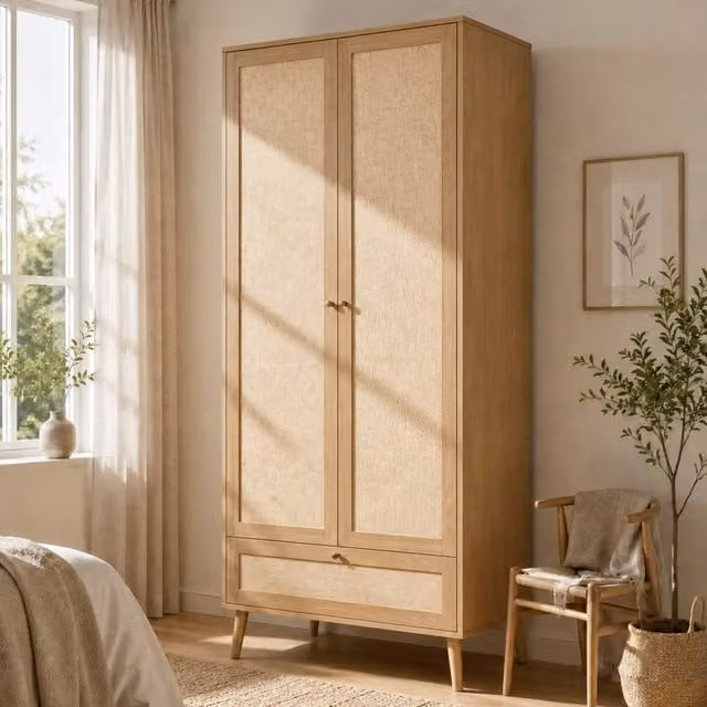 Matteo 2 Door Double Wardrobe with Integrated Drawers in Rattan-Effect Oak Finish, Brown and Beige, H 180 x W 80 x D 55 cm