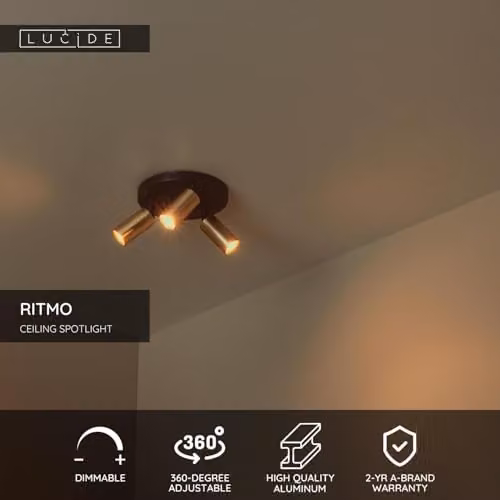 Lucide Ritmo Adjustable Ceiling Spotlight in Matt Gold/Brass, Diameter: 18 cm, 3xGU10 – 2