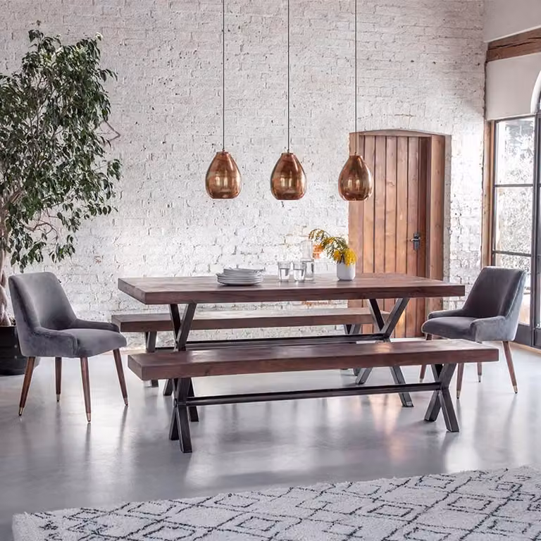 Atkin & Thyme Logan Rectangular Mango Wood Dining Table with Gun Metal X-Frame Legs in Brown