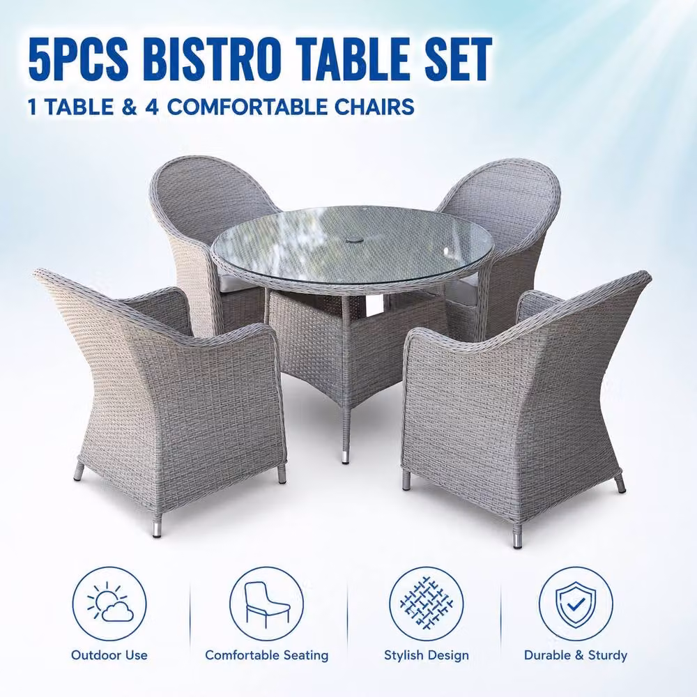 Shatchi Sorrento 4-Seater Rattan Round Garden Dining Table and Chairs Set in Sand with Powder Coated Aluminium Frame – 5