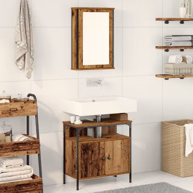 Berkfield Home 2 Piece Brown Industrial Style Bathroom Furniture Set with Mirror Cabinet and Wall Mounted MDF Storage – 1