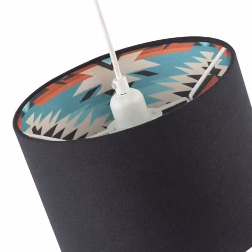 Happy Homewares Modern Aztec Designed Cylinder Lamp Shade in Black, Red and Petrol Linen Fabric, W/D/H: 18 x 18 x 25 cm – 4