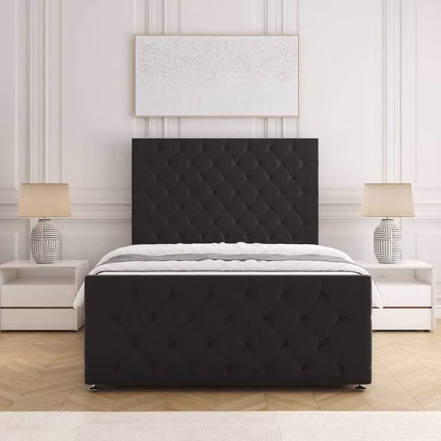 BSSPOKE Maya Plush Super King Divan Bed with Headboard, Footboard and Mattress in Black Velvet Fabric, W/D/H: 180 x 200 cm
