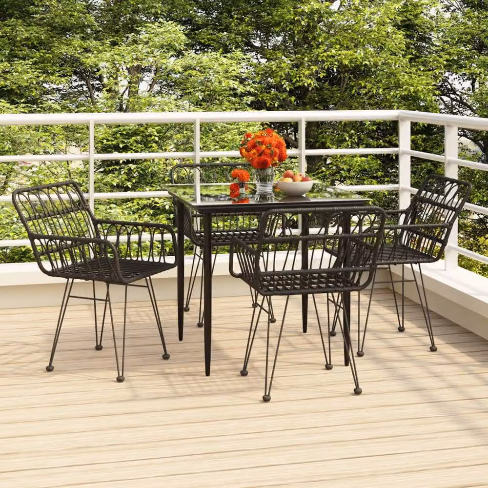 Berkfield Home 5 Piece Black Poly Rattan Garden Dining Set with Glass Top – 2
