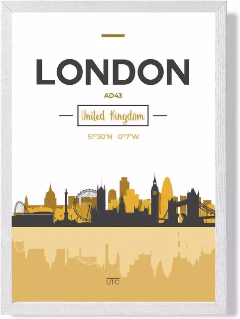 ARTZE London Yellow and Black City Skyline Framed Paper Poster with White Frame