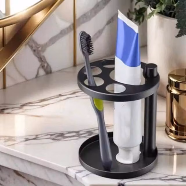 SPETLEK Stainless Steel Freestanding Bathroom Toothpaste and Toothbrush Holder with Drainage, Black
