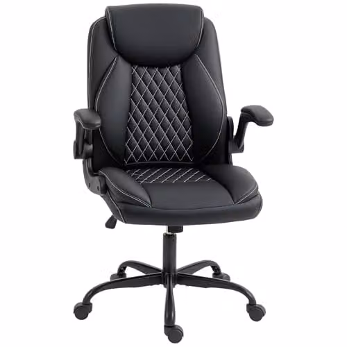 HOMCOM Modern Black Synthetic Leather Swivel Task Chair with Headrest and Armrests for Home Office – 1