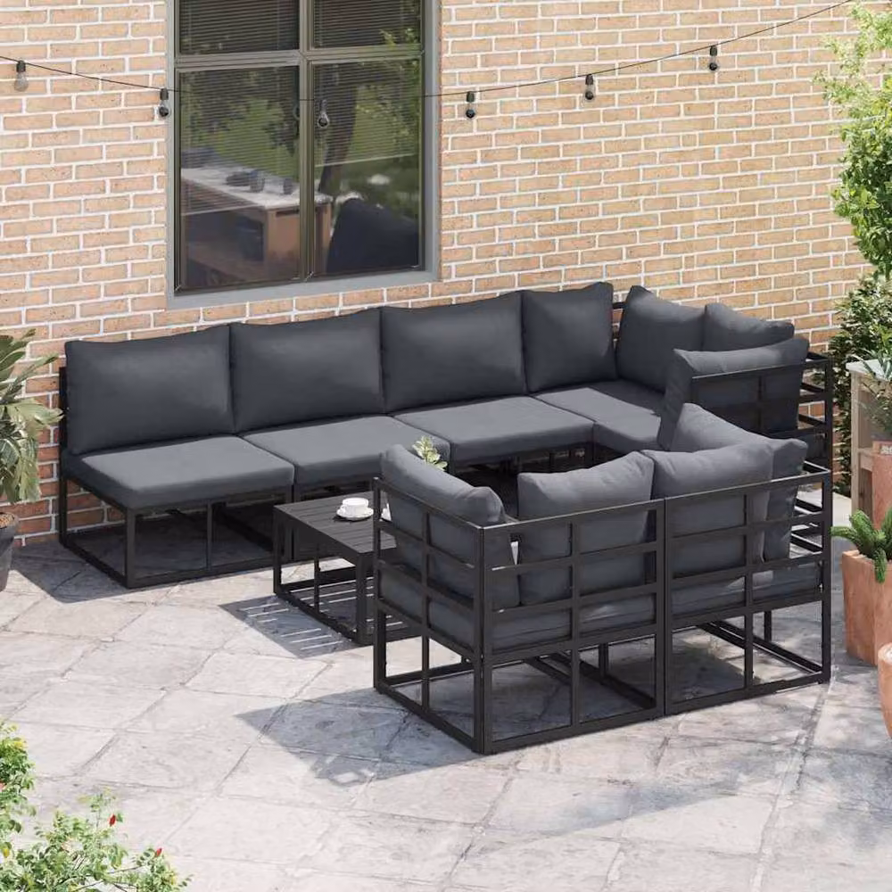 Berkfield Home 8 Piece L-Shape Garden Sofa Set with Black Powder Coated Aluminium Frame and Grey Upholstered Cushions – 4