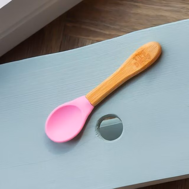 Tiny Dining Children's Bamboo Spoons with Silicone Tips, Pink, Pack of 2, 14 cm