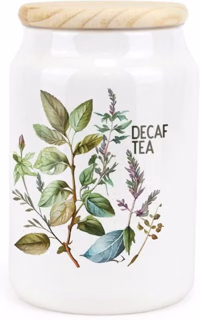 Purely Home Floral Watercolour Herbs Ceramic Decaf Tea Storage Canister in Green and White