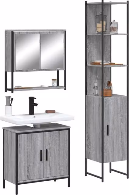 Berkfield Home 3 Piece Grey Matt Bathroom Furniture Set with Mirror Cabinet and Vanity Unit