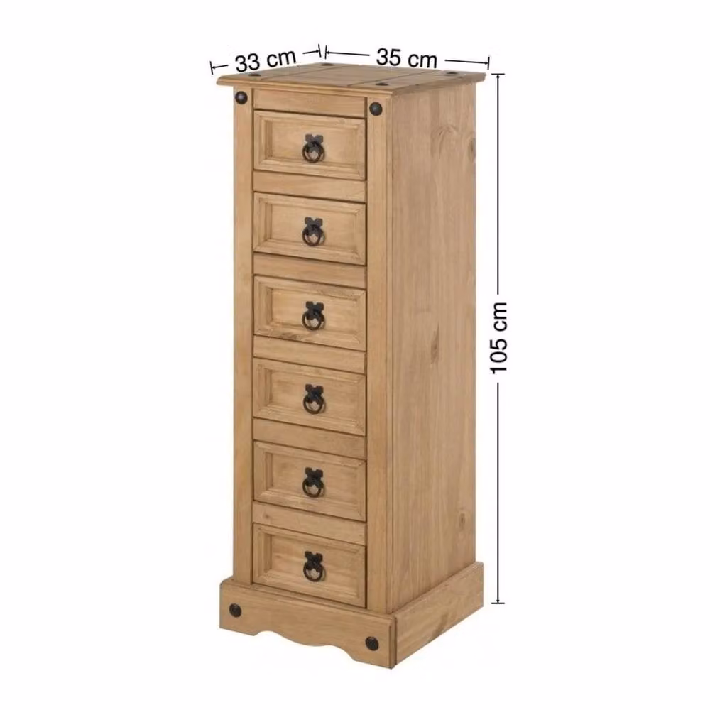 FORGEVIO 6 Drawer Narrow Chest Bedside Table and Side Cabinet in Rustic Natural Pine with Black Metal Accents – 2