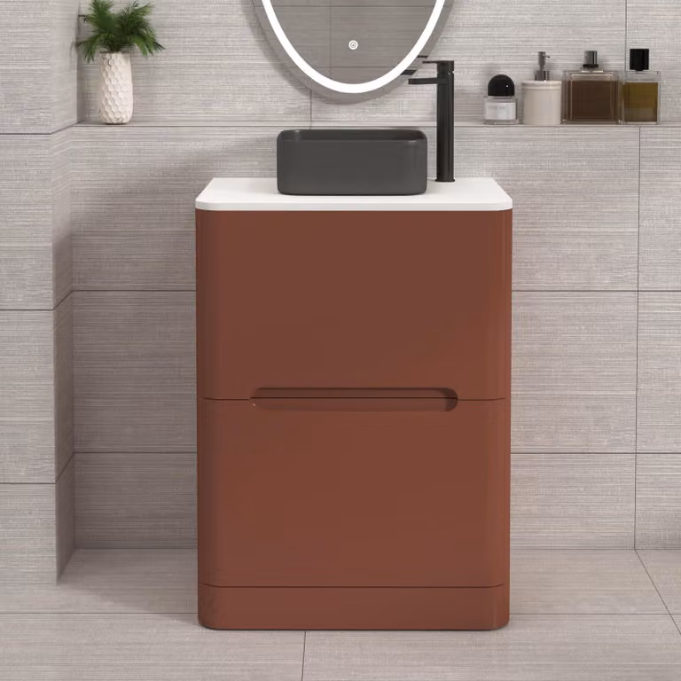 Royal Bathrooms Venice 600mm Terracotta Clay Floor Standing Vanity Unit with 2 Drawers, Plain White Worktop and Art Square Basin