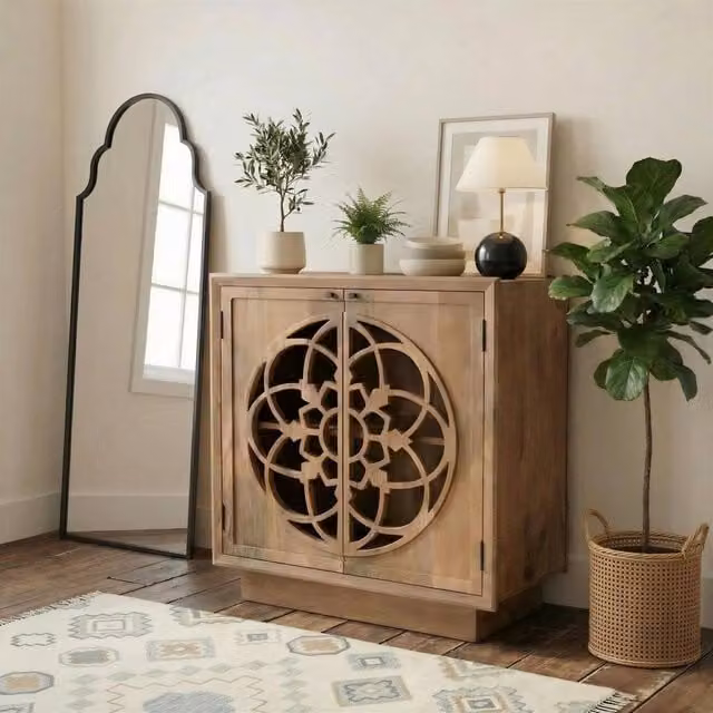 FurnitureboxUK Wharton Square 2 Door Decorative Sideboard in Walnut Wood and Brown Mango Wood