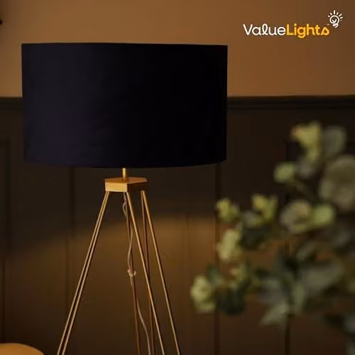 ValueLights Modern Gold Hairpin Design Tripod Floor Lamp with Navy Blue Velvet Drum Shade – 3