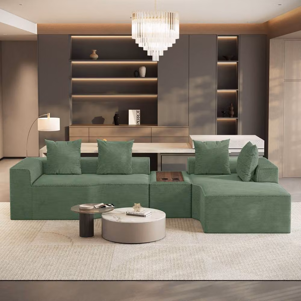Dprodo Green Corduroy Right L-Shaped Modular Sofa with Cup Holder Table and Scatter Cushions, Width: 320 cm – 2