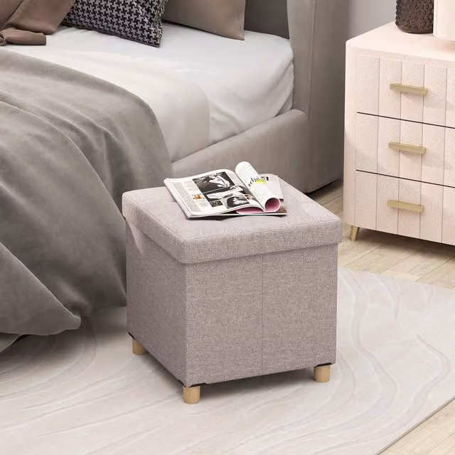 Costway Modern Rectangular Linen Fabric Storage Footstool Ottoman in Brown or Grey