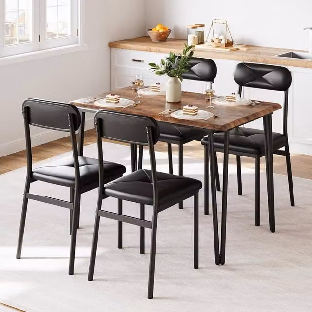 London Boutique Industrial Dining Table and 4 Upholstered Chairs Set in Brown and Multicolour