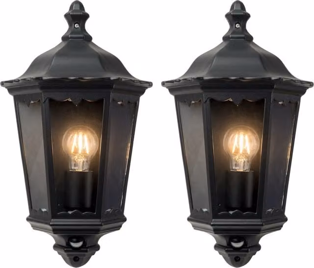 First Choice Lighting Sienna Set of 2 Black IP44 Half Lantern Wall Lights with PIR Motion Sensor