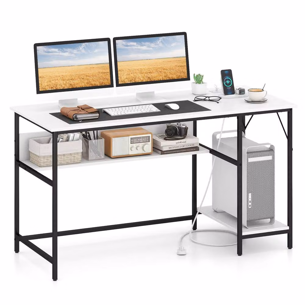 Costway Modern White Computer Desk with Charging Station and 4 Power Outlets, W: 140 cm, D: 60 cm – 2