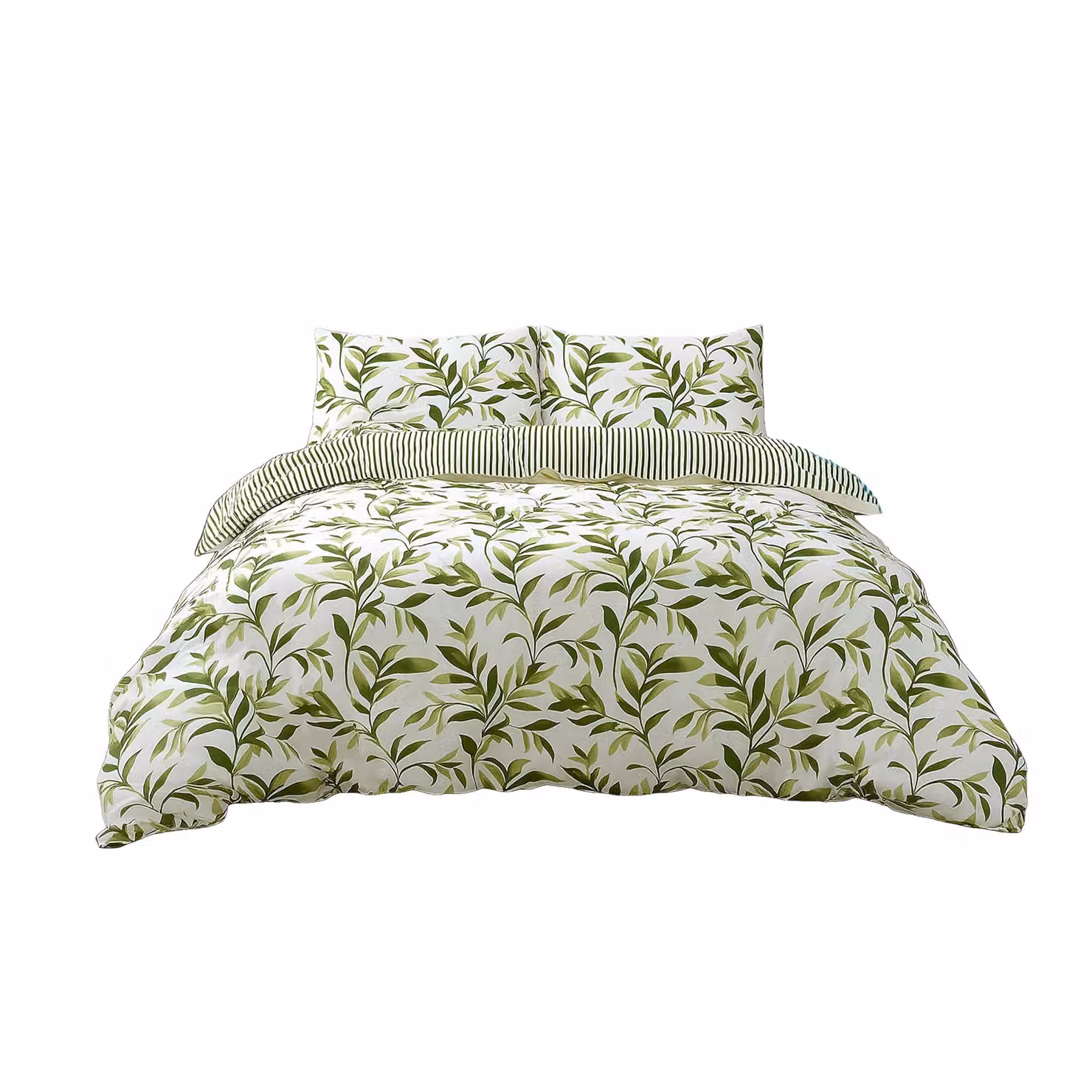 Home Sweet Home UK Reversible Green Leaf and Striped Polycotton Duvet Cover and Pillowcase Set, 200 x 200 cm – 2